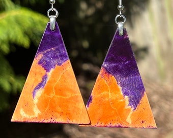 Pyramid Triangle Wooden Earrings Infused Stabilized Boxelder Rainbow Super Bright Light Weight