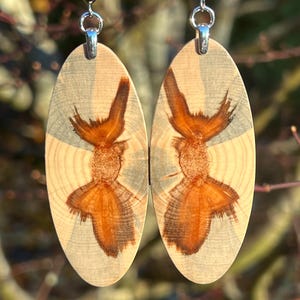 May include: A pair of oval-shaped wooden earrings with a natural wood grain and orange and brown accents. The earrings are attached to silver hooks.