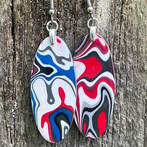 Red White And Blue Rare Fordite Earrings Detroit Agate Car Paint Super Lightweight