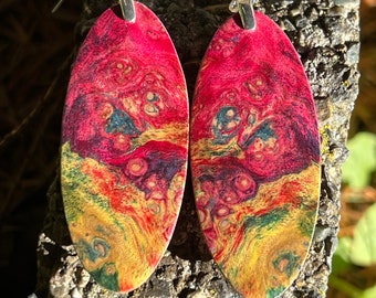 Wooden Earrings Infused Stabilized Boxelder Rainbow Super Bright Light Weight