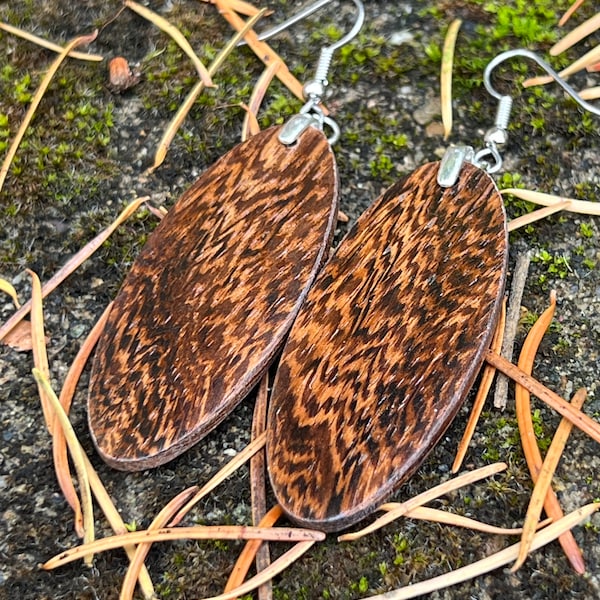 Hawaiian Pheasant Wood Light Weight Reclaimed Wood Dangle Natural Earthtone Earrings