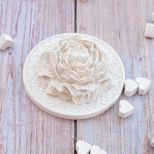 May include: White ceramic flower design with a decorative border on a white wooden surface.  Surrounding the flower are small white heart-shaped objects.