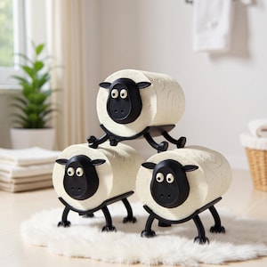Könnte beinhalten: Drei skurrile Schaf-Figuren. Jedes Schaf hat einen cremefarbenen, strukturierten Körper, ein schwarzes Gesicht und schwarze Beine. Die Schafe sind auf einem weißen, flauschigen Teppich angeordnet. Die Figuren sind dekorativ und haben ein verspieltes Design.