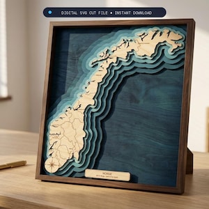 May include: A layered wooden map of Norway in a dark wood frame, featuring blue-toned depth contours, a compass rose, and a plaque labeled NORGE. The top text reads DIGITAL SVG CUT FILE - INSTANT DOWNLOAD. The map displays regional borders.