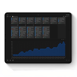 K&ouml;nnte beinhalten: Ein dunkelgrauer Tablet-Bildschirm, auf dem ein Kalender mit t&auml;glichen Aufgaben und ein Diagramm angezeigt werden, das den Fortschritt im Laufe der Zeit zeigt. Der Kalender zeigt Aufgaben wie "Hautpflege-Routine", "Meditieren", "Sport", "Tagebuch f&uuml;r 10 Minuten", "Lesen / H&ouml;rbuch", "Posten in sozialen Medien", "Programmieren &uuml;ben", "Dehnen" und "Vitamine einnehmen". Das Diagramm zeigt den Fortschritt vom 1. Januar bis zum 1. Februar.
