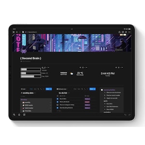 K&ouml;nnte beinhalten: Ein Screenshot einer digitalen Planer-App mit einem dunklen Hintergrund und einem Neon-Stadtbild-Header. Die App verf&uuml;gt &uuml;ber eine To-Do-Liste, einen Wochenplan und einen Bereich f&uuml;r aktuelle Priorit&auml;ten. Die To-Do-Liste enth&auml;lt Elemente wie "2,5 km laufen", "Treffen mit Sarah" und "Heute auf Instagram posten". Der Bereich f&uuml;r aktuelle Priorit&auml;ten enth&auml;lt Elemente wie "Neues Gesch&auml;ft starten", "In sozialen Medien posten" und "Bewerben f&uuml;r einen neuen Job".