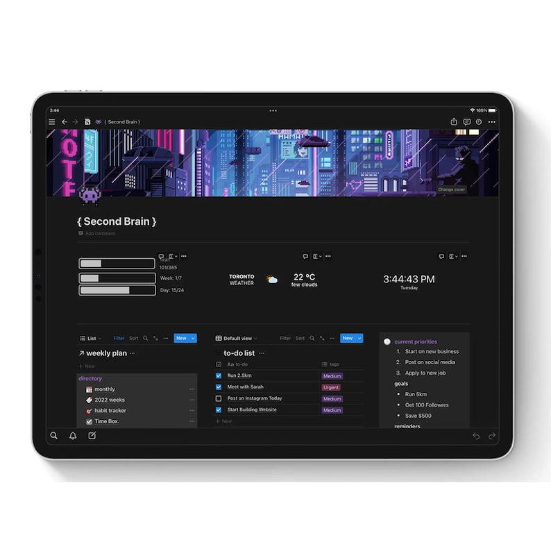 K&ouml;nnte beinhalten: Ein Screenshot einer digitalen Planer-App mit einem dunklen Hintergrund und einem Neon-Stadtbild-Header. Die App verf&uuml;gt &uuml;ber eine To-Do-Liste, einen Wochenplan und einen Bereich f&uuml;r aktuelle Priorit&auml;ten. Die To-Do-Liste enth&auml;lt Elemente wie "2,5 km laufen", "Treffen mit Sarah" und "Heute auf Instagram posten". Der Bereich f&uuml;r aktuelle Priorit&auml;ten enth&auml;lt Elemente wie "Neues Gesch&auml;ft starten", "In sozialen Medien posten" und "Bewerben f&uuml;r einen neuen Job".