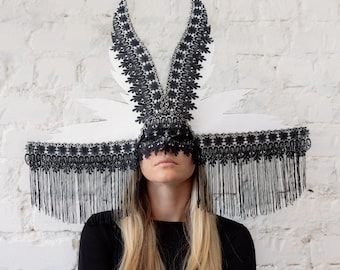 Masquerade Mask Black and White, Venetian Mask, Adult Dance Lace Mask, Black Lace Mask, Black Ear Mask