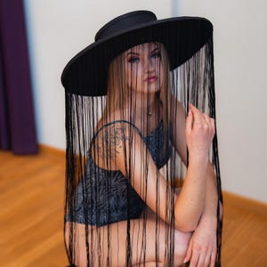 Black Fringe Fascinator Hat: Handmade EVA Foam Wide Brim Derby Hat