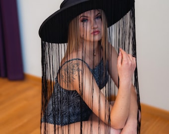 Black Fringe Fascinator Hat: Handmade EVA Foam Wide Brim Derby Hat