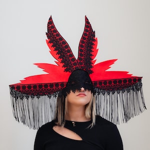 Masquerade Mask Black and Red, Halloween Mask, Cosplay mask, Black Lace Mask, Black Ear Mask