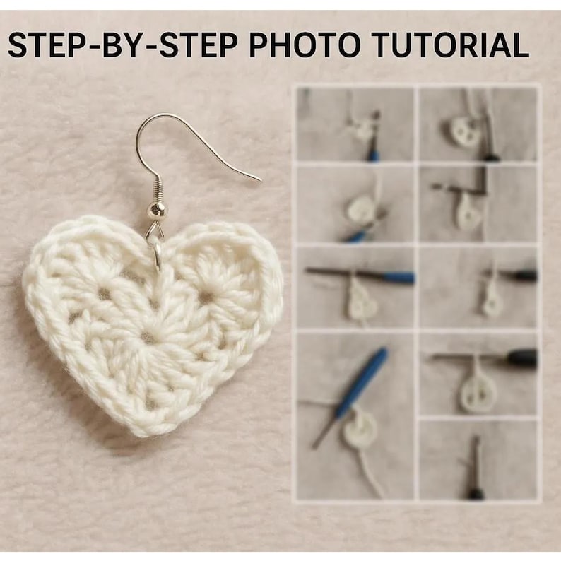 May include: A white, heart-shaped crochet earring with a silver hook. The image includes a step-by-step photo tutorial. The earring is handmade and features a textured, open-weave design. The text at the top reads "STEP-BY-STEP PHOTO TUTORIAL."