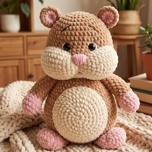 May include: A handmade crochet hamster plush toy. The plush features a brown body, cream-colored cheeks and belly, and pink accents on the ears, nose, hands, and feet. The toy has black eyes and is sitting on a cream-colored blanket.