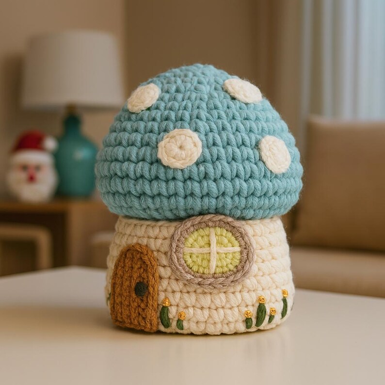 May include: A handmade crochet mushroom house in light blue and cream. The mushroom cap is light blue with white polka dots. The base is cream with a brown door and a round window. Small yellow and green embroidered details add charm.