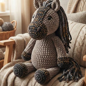 May include: A large, plush crochet horse in shades of gray, black, and gold sits on a cream-colored knitted blanket. The horse has a detailed mane and tail, with black and gold accents on its hooves and face. The toy is positioned on a wooden chair.