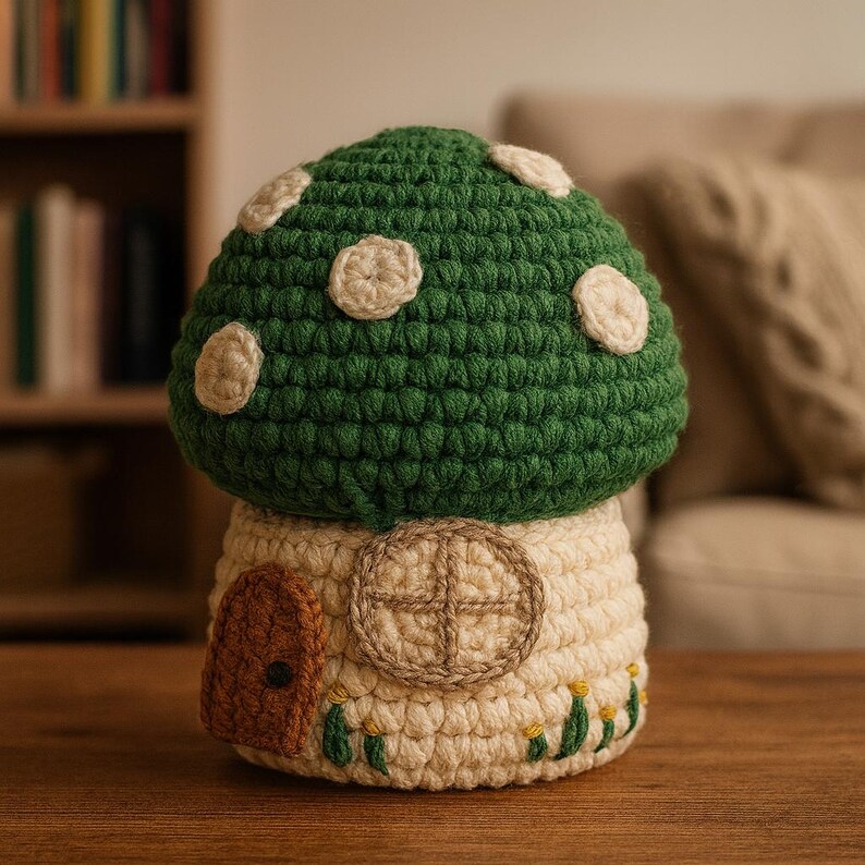May include: A handcrafted crochet mushroom house in shades of green, cream, and brown. The mushroom cap is dark green with white spots, and the base is cream-colored with a small brown door and a round window. Decorative yellow and green stitching accents the base.