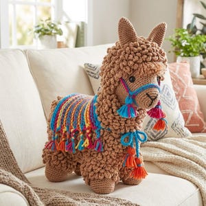 Puede incluir: Una llama de ganchillo marrón con una manta colorida y un cabestro azul. La llama tiene una apariencia texturizada y esponjosa y está adornada con borlas en tonos azules, rosas y naranjas. La llama está sentada en un sofá color crema.