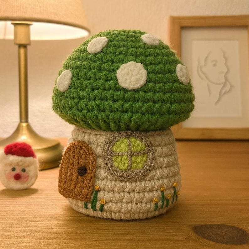 May include: A handmade crochet mushroom house with a green cap and white spots. The house has a tan base with a brown door and a round window. Yellow and green accents add detail to this whimsical decorative item.