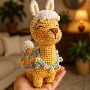 May include: A handmade, yellow crochet llama with white fluffy hair and ears. The llama has a smiling face, a colorful blanket, and a blue necklace with tassels. The llama is approximately 6 inches tall.