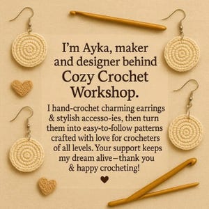 May include: Cream-colored crochet earrings with a spiral design, displayed with crochet hooks and heart-shaped accents. The text reads "Cozy Crochet Workshop" and describes handmade accessories.