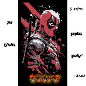 Könnte beinhalten: Digitale Illustration von Deadpool in Rot-, Grau- und Schwarztönen. Das Kunstwerk zeigt eine detaillierte Darstellung der Maske und des Kostüms der Figur, mit einem stilisierten Hintergrund und dem Wort "STIFFY" in leuchtender Schrift.