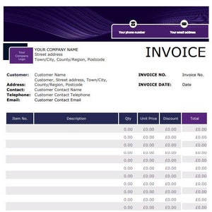May include: A purple and white invoice template with the heading "INVOICE" and fields for customer information, item details, quantity, unit price, discount, total, subtotal, VAT, and total. The invoice also includes a section for payment information.