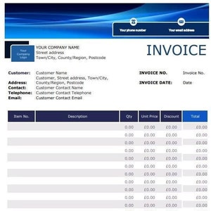 May include: A blue and white invoice template with fields for company information, customer details, and itemized billing. Includes sections for quantity, unit price, discount, and total. Features a header with contact details.