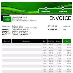 Puede incluir: Una plantilla de factura en blanco con un fondo verde. La plantilla incluye campos para la información del cliente, el número de factura, la fecha de factura, el número de artículo, la descripción, la cantidad, el precio unitario, el descuento y el total. La plantilla también incluye una sección para la información de pago.