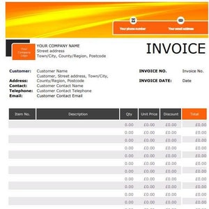 May include: A blank invoice template with a yellow and orange background. The template includes fields for customer information, invoice number, invoice date, item number, description, quantity, unit price, discount, and total. The template also includes a section for payment information.
