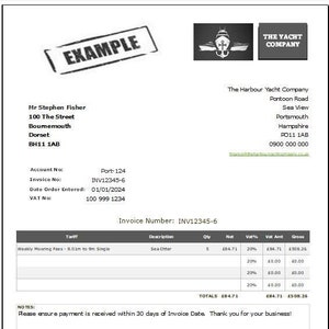 May include: A black and white invoice with the text "The Yacht Company" and "Invoice Number: INV12345-6". The invoice is for weekly mooring fees for a Sea Otter, with a total amount of £508.26. The invoice includes contact information for The Harbour Yacht Company, including their address, phone number, and email address.