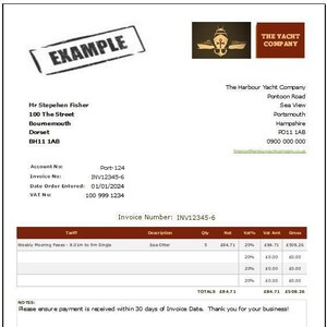May include: Invoice for the Harbour Yacht Company, with invoice number INV12345-6, for weekly mooring fees for a Sea Otter, totaling £84.71. The invoice is addressed to Mr. Stepehen Fisher at 100 The Street, Boumemouth, Dorset, BH11 1AB.