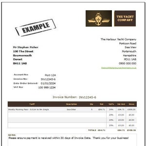 May include: Invoice from The Harbour Yacht Company with the text "EXAMPLE" at the top. Details include invoice number, date, and a breakdown of charges for weekly mooring fees. Contact information is also provided.