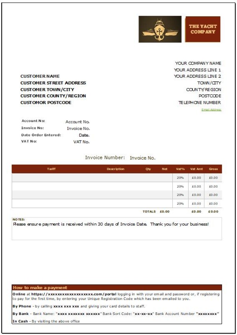 May include: A blank invoice template with the title "The Yacht Company" at the top. The invoice includes fields for customer name, address, account number, invoice number, date, and VAT number. The invoice also includes a table for listing items, quantities, prices, and totals.