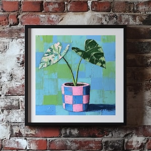 May include: A painting of a houseplant with green and white leaves in a pink and blue checkered pot. The plant is set against a blue and green tiled background.