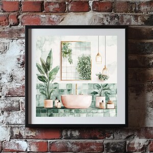 Baño con plantas y azulejos de acuarela - Póster imprimible de plantas en tonos pastel, arte digital de plantas, decoración ecológica para el hogar [Descarga digital]