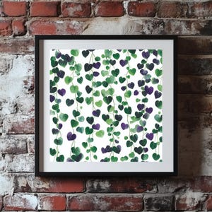 May include: A white background with a repeating pattern of green and purple heart-shaped leaves. The leaves are arranged in a cascading pattern, creating a sense of movement and growth.
