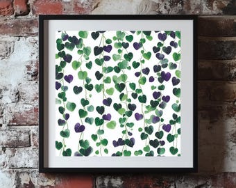 Green String of Hearts Pattern Wall Art - Modern Floral Poster, Printable Botanical Digital Art, Cute Print Plant Decor [Digital Download]