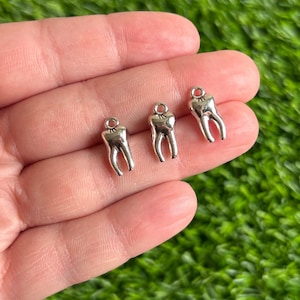 May include: Three silver-colored tooth charms with a loop at the top for jewelry making. Each charm has detailed roots and a realistic tooth shape. These charms are ideal for dental-themed jewelry or craft projects.