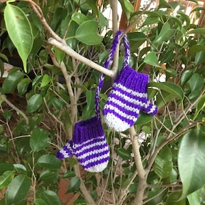 Miniature Purple and Gray Striped Mittens on a String Ornament