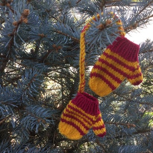 Miniature Red and Gold Striped Mittens on a String Ornament