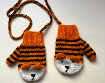 Child Tiger Mittens on a string/cord (size 1)