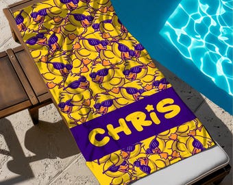 Personalized Pleasant Duck Beach Towel, Custom Name Pool Towel, Cute Yellow Cartoon Duck Design, Unique Design Gift for Baby/Her/Girls/Kids