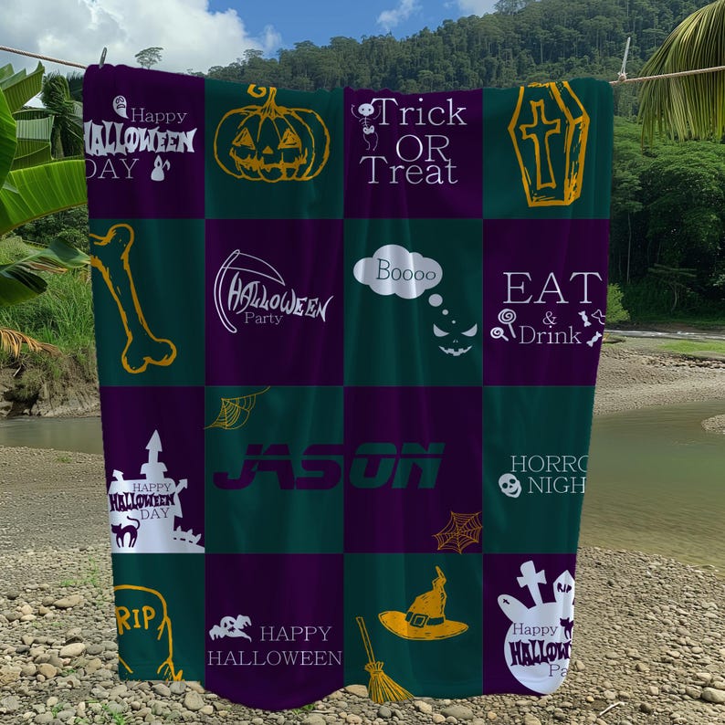 Custom Halloween Ghost Name Blanket, Personalized Spooky Season Gift