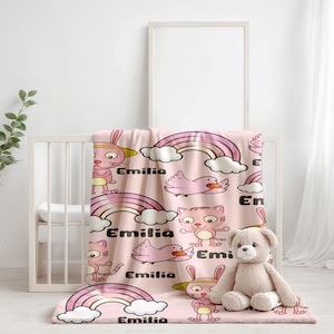 Custom Cute Rabbit Cat Name Baby Blanket, Personalized Pink Rainbow Cartoon Throw,Gift for Toddlers Kids, Super Cozy Plush Baby Shower Party