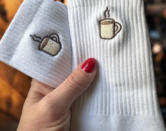 Hot Coffee embroidered Crew Socks, Hot latte embroidered crew socks, coffee lover gift
