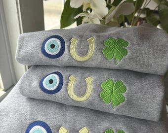 Lucky Embroidered Evil Eye Horse Shoe 4 Leaf Clover Sweatshirt – Protection Charm Lucky Symbol