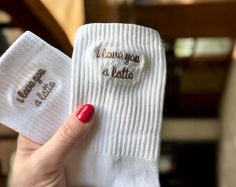 Valentine’s Day Coffee embroidered Crew Socks, iced latte embroidered crew socks, i love you a latte socks, coffee gift, iced coffee gift