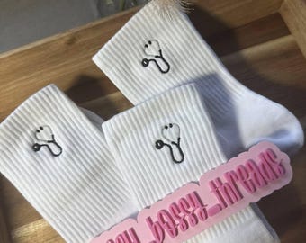 Stethoscope Socks – Embroidered Crew Socks, Nurse gift, RN gift