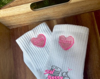 Valentine’s Day Grip Socks – Embroidered Pilates Yoga Barre Lagree Socks, Comfortable Stylish Grippy Socks, Conversation Heart Embroidered