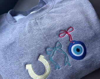 Lucky Embroidered Evil Eye Italian Horn & Horse Shoe Sweatshirt – Protection Charm Lucky Symbol